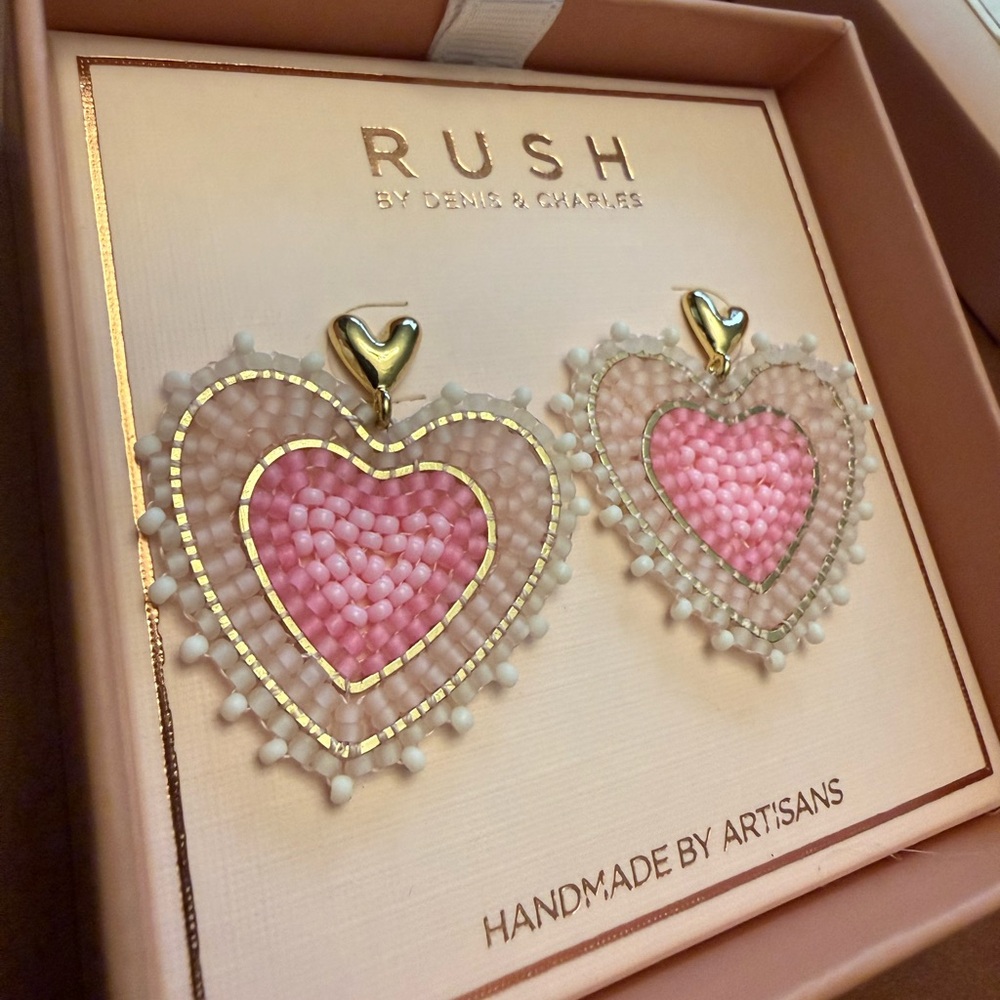 RUSH Pink Beaded Heart Drop Earrings with Gold Accent - Picture 3 of 3